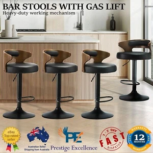 Set of 4 Bar Stools Kitchen Gas Lift Swivel Leather Chairs Wooden Barstool Black - Picture 1 of 12