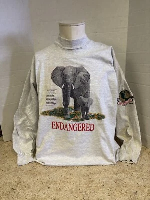 Vintage Endangered Long Sleeve Shirt XL Single Stitch Gray One World Elephant — 第 1/4 张图片