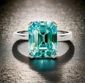 Blue Moissanite Emerald Cut Diamond Engagement 925 Silver Ring Size 7 - Picture 1 of 6