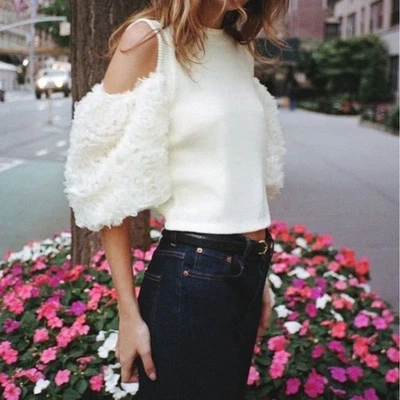 Zara Puff Cut Out Sleeve Crop Top Cream Size M NWOT - Image 1 of 4