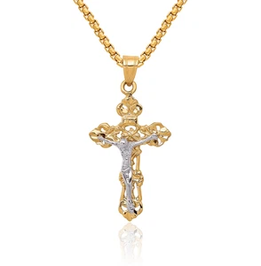 10K Solid Two Tone Gold Fleur De Lis Jesus Crucifix Cross Necklace - Picture 1 of 37