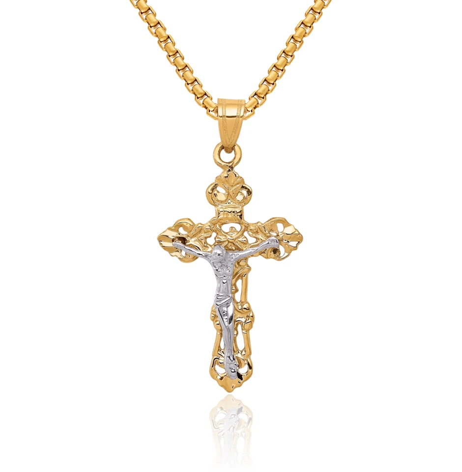 10K Solid Two Tone Gold Fleur De Lis Jesus Crucifix Cross Necklace - Image 1 of 1