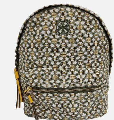 RARA Bolsa Tory Burch Piper Mochila Estampada Verde Gêmeos Link Cetim Colcha Forrada - Imagem 1 de 4