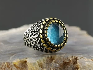 925 Sterling Silver Aquamarin Handmade Men's Ring - Picture 1 of 7