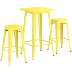 24" Square Yellow Metal Restaurant Bar Table Set with 2 Backless Barstools