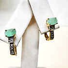 Vintage 14k Yellow Gold Oval Emerald and Diamond Accent Pierced Drop Earrings