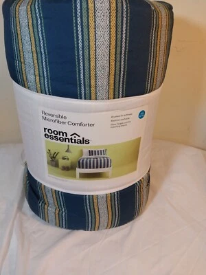 Room Essentials Reversible Microfiber Comforter Twin/Twin XL Size Blue Stripe  - Image 1 of 4