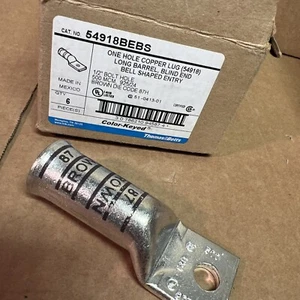 THOMAS & BETTS 54918 Copper One-Hole Lug 6 AWG 1/2 Bolt Size Tin (BOX OF 6) - Picture 1 of 3