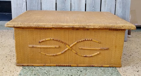Antique Victorian Wood Wicker Bamboo Sewing Jewelry Storage Organizer Box & Tray Cover