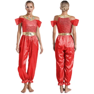 Women's Arabian Princess Costume Sequin Bodysuit Romper Belly Dance Halloween - Picture 1 of 45