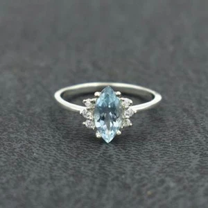 1.10 Ct Aquamarine & White Topaz Promise Prong Ring 925 Solid Sterling Silver - Picture 1 of 5