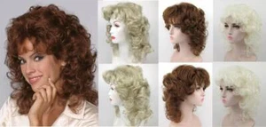 80'S WOMENS MEDIUM LENGTH WAVY LOOSE CURLS CURLY WIG W/ LAYERED FRONT SIDES LISA - Picture 1 of 14