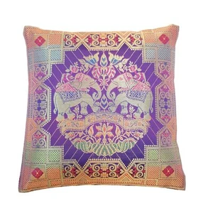 12x12 Inch Purple Cushion Cover Banarasi Decor Elephant Woven Zari Brocade Silk - Picture 1 of 9