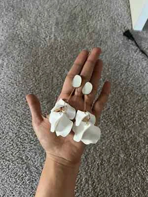 White flower earrings ,large Wedding Bridal  , Snow Petal earings, long Big - Image 1 of 3