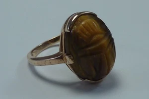 10K Yellow Gold Tiger Eye Scarab Ring size 6.25 - Picture 1 of 8