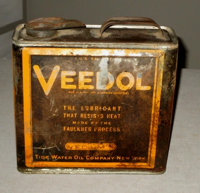 VINTAGE VEEDOL OIL CAN- TIDE WATER OIL CO-NY-ORG-1- GALLON CLEAN- GAS  SIGN - Image 1 of 4