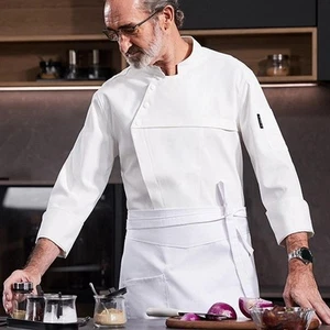 Chef Coat with Pocket Long Sleeve Stand Collar Asymmetrical Oblique Buttons Men - Picture 1 of 43