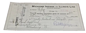 AUGUST 1909 MICHIGAN INDIANA AND ILLINOIS LINE COMPANY CHECK TO PRR - Picture 1 of 1