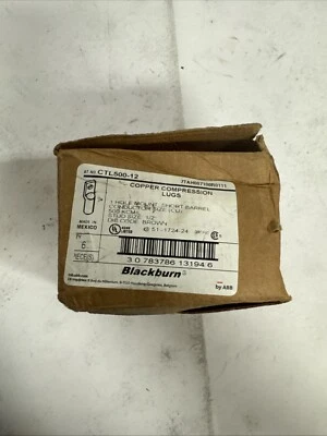 Blackburn CTL500-12, Compression Cable Lug, Cu Lug Shrt Brl 500 1/2B Brn, 6 PC - Image 1 of 3
