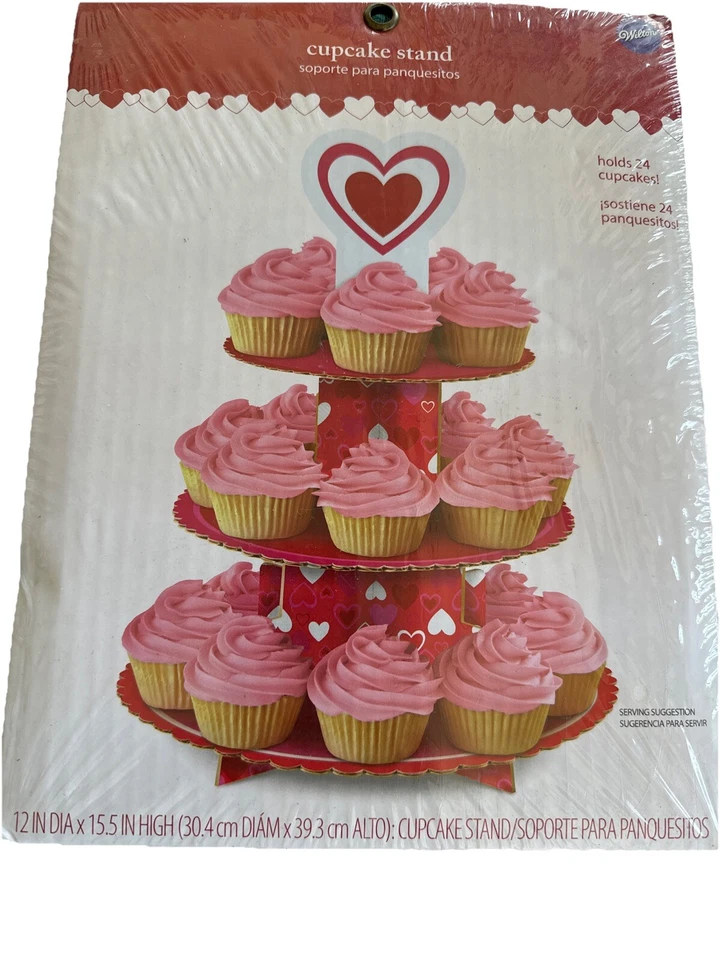 Wilton Valentine's Day 3 Tier Cardboard 24 Cupcake Stand Holder Red White Hearts
