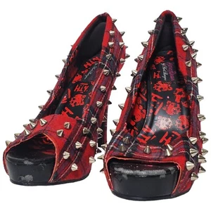 Abby Dawn Avril lavigne Spiked Peep Toe Heels Size 7 Red Plaid Y2K Womens - Picture 1 of 14