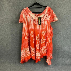 Shoreline Tunic Top Womens Plus Size 4XL Orange Batik Lace Sleeve Asymmetric Hem - Bild 1 von 13