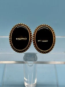 Vintage Napier Signed Oval Faux Onyx Gold Tone Earrings - Picture 1 of 7