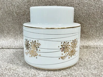 VINTAGE RETRO GLASS CEILING LAMP SHADE CYLINDER SHAPE WHITE FLORAL GOLD PATTERN - Image 1 of 4