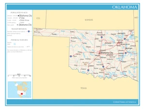 Poster fisico politico mappa dello Stato dell'Oklahoma Stati Uniti d'America - Foto 1 di 1
