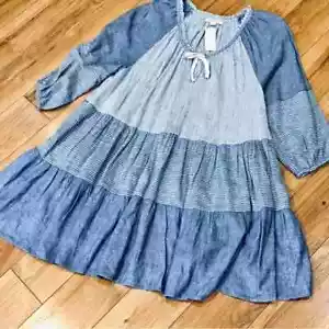 American Eagle AEO blue striped mini dress linen tiered boho coastal beach - Picture 1 of 10