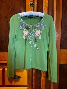 BCBG Max Azria Green Cardigan with Sequin Flowers Size Medium - Picture 1 of 6