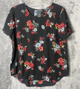 CHELSEA & THEODORE blusa donna nero/rosso floreale manica corta taglia XL - Foto 1 di 6