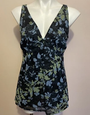 Babydoll Floral Hada Top De Colección Verde Azul Negro Malla Transparente Cuello en V Sin Mangas L Foto 1 de 4