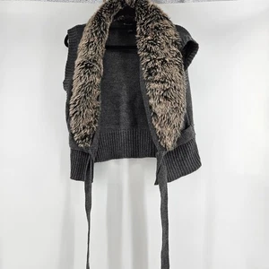 Y2k Boho Womens Gray Faux Fur Trim Knit Vest Size L Indie Maximalist Holiday - Picture 1 of 8