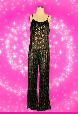 WISH Black Pink FLAMES 2 Pc Pajama Set Cami Top Bottoms SOFT VELOUR Juniors XL - Image 1 of 4