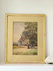 Antique Framed Watercolour Village Scene with Figures