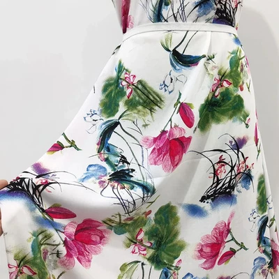55'' Wide By Yards Lotus Painting Fabric Viscose Summer Dress Material Rayon - Image 1 of 4