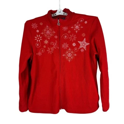 Basic Editions Red Full Zip Fleece Jacket XL Embroidered Snowflakes Stars - Image 1 of 4
