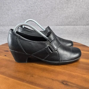 Clarks Black Leather Slip On Comfort Dressy Heeled Loafers Womens Size 9.5M - Picture 1 of 12