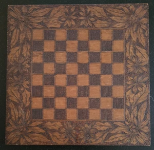 Vintage Game Board, Checker Board, Pyrographic Art, Poinsettia Border - Picture 1 of 6