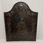 Antique Victorian Cast Iron Fireback Devil Head Over Lady in Dress Grapevine Old