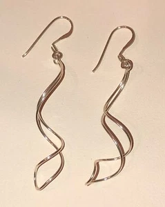 Long Sterling Silver Dainty Drop Earrings Swirl MOD Twist Ribbons Abstract New - Picture 1 of 5