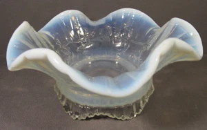 Vintage Opalescent Glass Bowl Pedestal Etched Flower Design Ruffled Edge 6.5"x3" - Picture 1 of 7