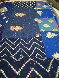 Indian Handmade Blue Patchwork Kantha Quilt Vintage King Size Bedspread Blanket - Picture 1 of 13