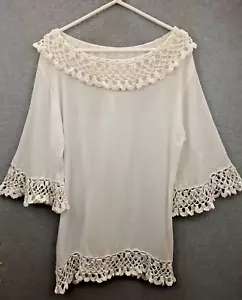 Unranded Size L White Fine Woven Pure Cotton Long Line Top With Crochet Detail - Picture 1 of 7