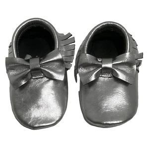 NEW Leather Silver Mary Jane Shoe Moccasins Handmade Christmas Dress Baby 6" - Picture 1 of 12