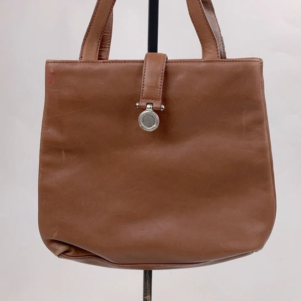 Vintage Ralph Lauren Leather Saddlers Handbag Brown Silver RL Green plaid Lined - Image 1 of 4