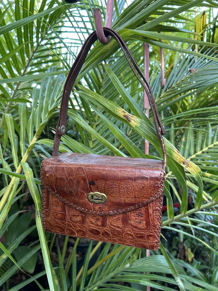 Bolsa de mão genuína de couro de jacaré mel, cor marrom âmbar trava quebrada - Imagem 1 de 4