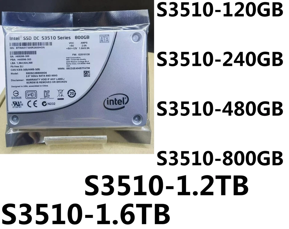 Intel SSD S3510 Series 120GB 240GB 480GB 800GB 1.2TB 1.6TB Solid State Drive LOT - Image 1 of 1