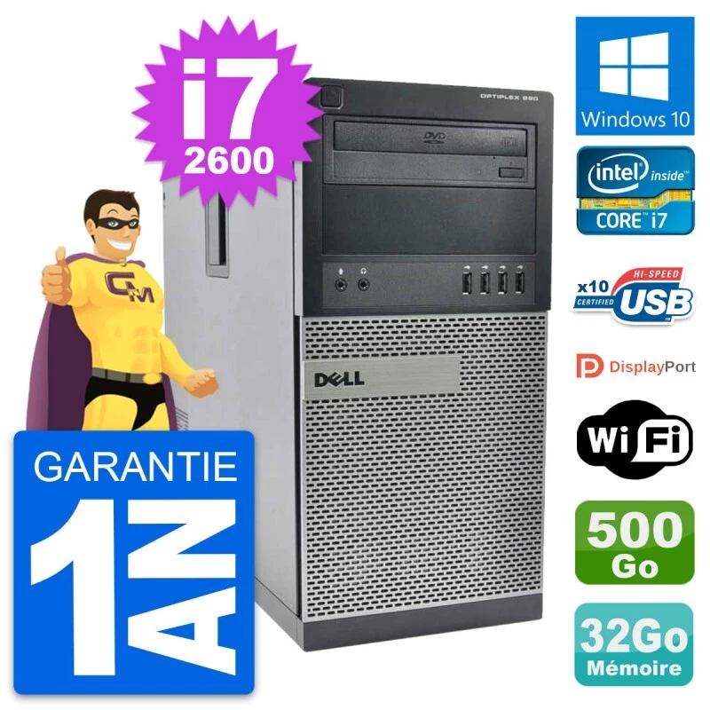 PC tour DELL OptiPlex 990 Intel i7-2600 RAM 32Go Disco 500Go Windows 10 Wifi - Immagine 1 di 4